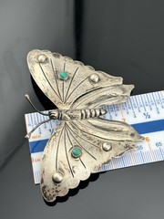BIG Vtg Sterling Silver Butterfly Brooch Mexico Turquoise Stones 3.25″ Insect