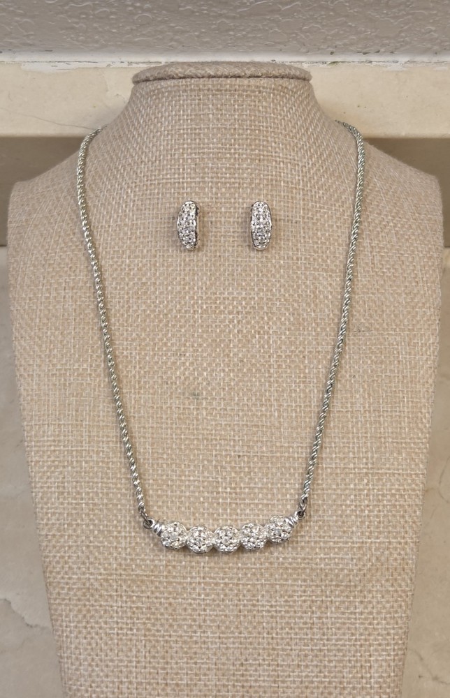 Swarovski Crystal Signed Swan Logo Necklace And Earrings Pave Crystal 16.5″