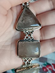 Vintage Silver Rutilated Quartz Triangle Shaped Stones Link Bracelet 8″