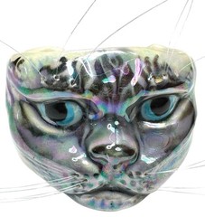 VNTG Rare Ceramic Cuff Bracelet Iridescent Cat With Whiskers, Signed KM 1987