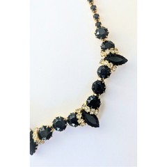 Vintage Jet Black Marquis & Clear Rhinestone Necklace & Bracelet Demi Parure