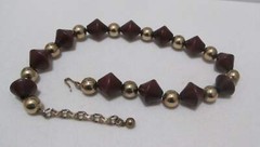 Vtg WOOD Dark Brown Bi-Cone Beads Gold Tone Round Beads Necklace Max 16”