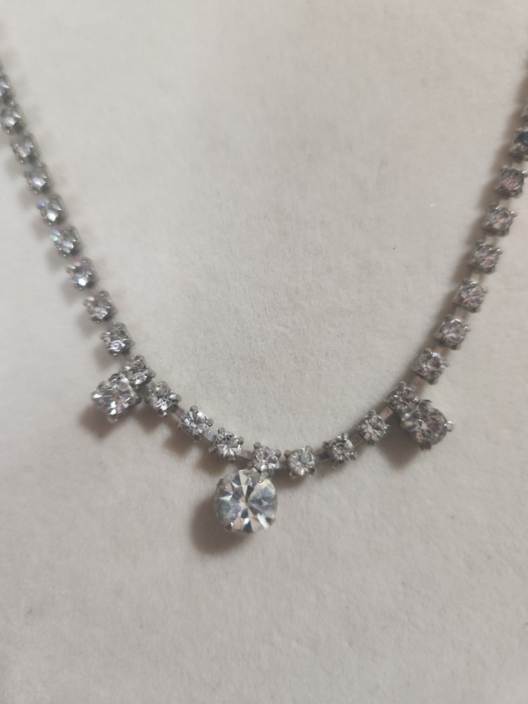 Rhinestone Choker Necklace Silvertone 1950s-1960s Vintage 15 Inches Hook Clasp