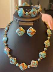 VTG Made In Italy Venetian Glass Turquoise Blue Aventurine 3-Piece Jewelry Set –