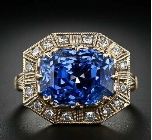 4.10 Ct Natural Sapphire Art Deco Vintage Engagement Ring 14K Yellow Gold FN