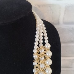 Vtg NY Company Faux Pearl Gold Tone Chain Collar Necklace Weave Triple Strand