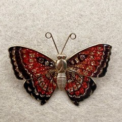 Vintage Butterfly Brooch | Red Gold Foiled Enamel Figural Mid Century Modern Pin
