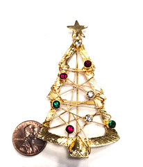 Vintage Open Wire Wrap & Multicolor Rhinestone Christmas Tree Pin / Brooch