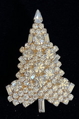 Vintage Eisenberg Ice Christmas Gold Tree Brooch Pin w/Rhinestones 2.25″