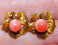 VINTAGE TIGERS EYE FLOWER JACKETS FOR EARRINGS USE WITH ANY STUDS
