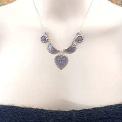 Chai Heart Necklace Filigree Silver Bib Folk Ethnic Judaica Life In Hebrew Gift