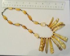 Vintage BOHO Mother of Pearl Fringe Necklace Yellow Orange Beads Statement Piece