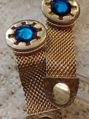 Vintage SWANK Gold Tone Mesh Cuff Links w/Blue Rivoli Stones, Nice!