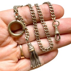 LUX Antique Pocket Watch Chain, with Nickel Silver Tassel + Dog Clip, 10”