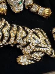 Vintage Articulated Bracelet & Broach Green Eyed Tiger 8″ w/ Rhinestones #JC9
