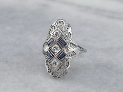 Art Deco Filigree Lab-Created Diamond & Sapphire Ring Vintage Statement Jewelry