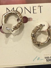 Vintage Monet Signed Gold Bamboo Hoop Earrings with Stones Pierced