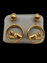 Vintage 80s Jackie Collins Gold Tone Green Eyes Panther Drop Pierced Earrings