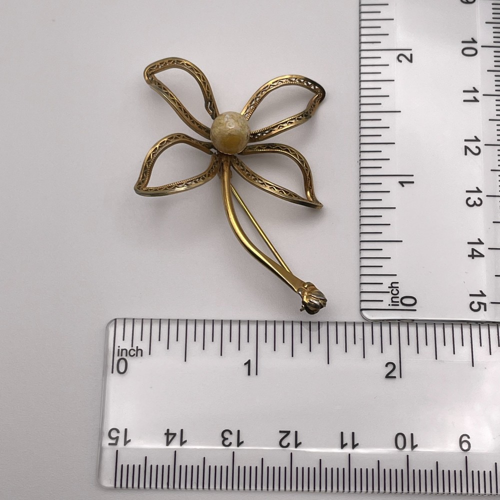 Vintage Flower Pin, 12K Gold-Filled, with Opal Stone, 2-1/2 inches, secure clasp