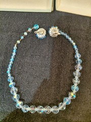 Vintage Laguna Aurora Borealis Blue Faceted Crystal Necklace Clip Earrings Set