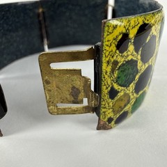 1950s 1970s MCM Enamel Copper Bracelet West Germany Mosaic Pattern Green Yellow