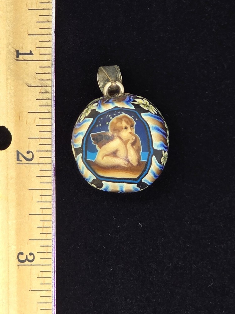 Rare Artisan Vtg Polymer Clay Cherub Angel Jingle Bell Sterling Ball Pendant