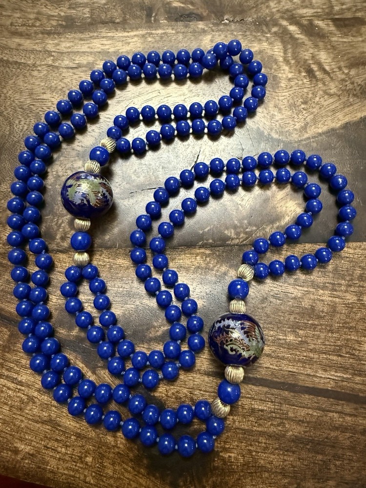 Beautiful Knotted Blue Glass and Gold Beads with Large Dragon/Phoenix Beads, 36”