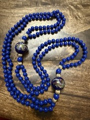 Beautiful Knotted Blue Glass and Gold Beads with Large Dragon/Phoenix Beads, 36”