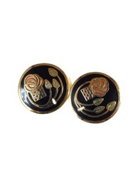 Vintage Women’s Gold Plated Black Coisonne Round Stud Earrings