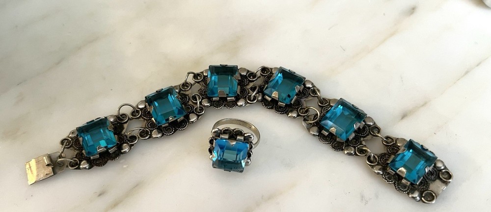 Antique Vintage Mexico Silver Blue Glass Bracelet 7 Inches Ring 5.5 Handmade