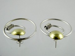Sterling Silver and Brass Dual Circle Modernist Stud Earrings 12g 1.5 Inches