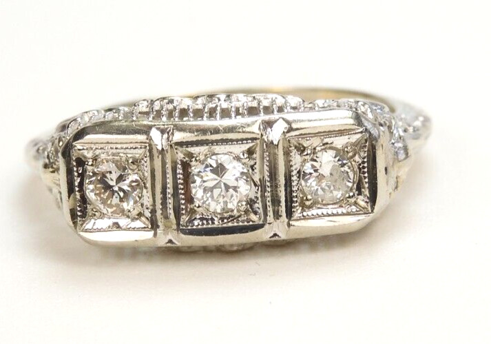 Antique Three Diamond Engagement 14K White Gold Ring Size 7.25 UK-O EGL USA Deco