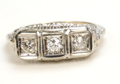 Antique Three Diamond Engagement 14K White Gold Ring Size 7.25 UK-O EGL USA Deco