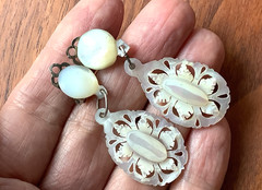 Vintage Carved Mother of Pearl Dangle Chandelier Clip-On Earrings Estate Jewelry