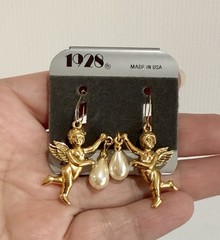 VTG 1928 Cherub Drop Faux Pearl Dangle French Wire Pierced Earrings 14K GF Wire