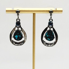 Blue Glass Water Droplet Drop Dangle Silver Tone Sparkly Fancy Pierced Earrings