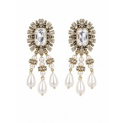 Vintage Style Rhinestone & Faux Pearl Chandelier Earrings Gold Tone