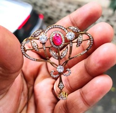 3Ct Oval Lab Created Red Ruby Antique Brooch Pin 14K Yellow Gold Plated Silver