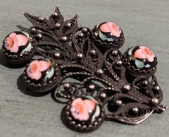Vintage Russian Rostov Finift Filigree Hand-Painted Porcelain Cabochons Brooch