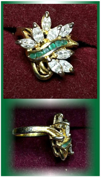 Vtg Sz 5.5 Green Emerald w/White Colorless Marquise Shape CZ Stones Cluster Ring