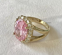 4.00Ct Oval Cut Baby Pink Sapphire CZ Halo Wedding Ring 14K Yellow Gold Plated