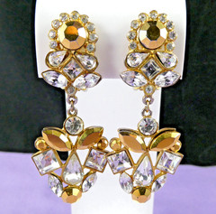 NICE Vintage Signed TONA Crystal Dangle Earrings Icy Clear & Golden Rhinestones