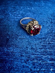 VTG Art Deco Garnet Oval Sterling Silver 925 Cocktail Ring Prong Setting Size 8