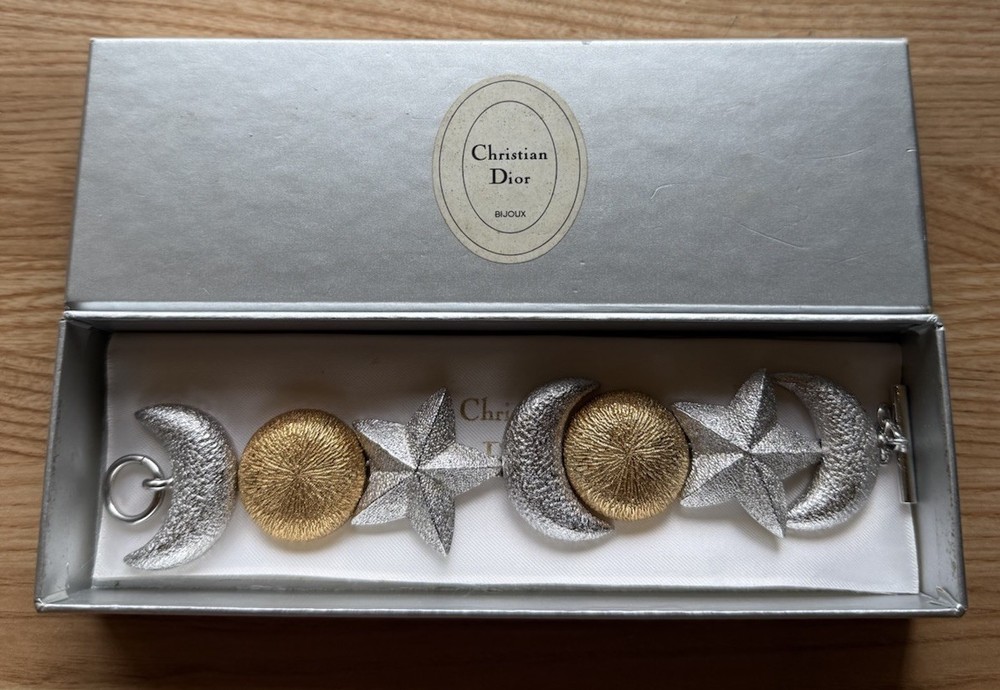 Vtg 1980s Christian Dior Celestial Sun Moon Stars Puffy Bracelet New In Box NM
