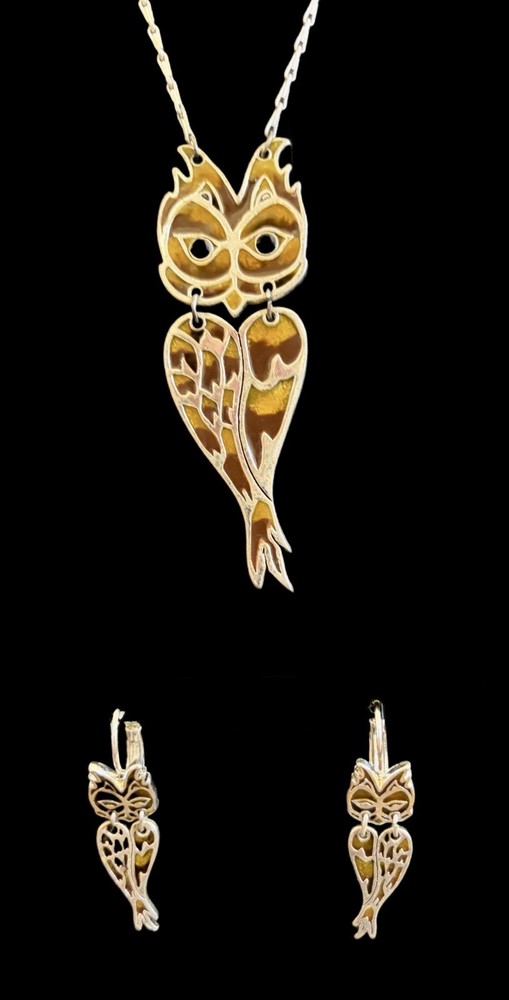VTG Retro Silver Tone & Yellow/Brown Enamel Owl Necklace Earrings Set ~1960s