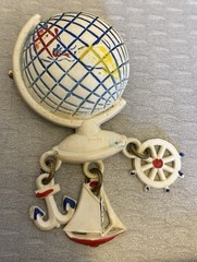 Vintage Celluloid Brooch Lot 2 Globe Ship Ocean Liner Dangling Flag Charms