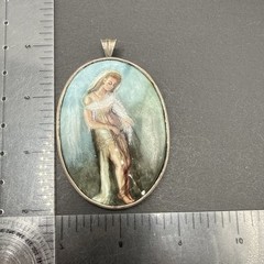 READ Antique 800 Silver Signed Hand Painted Woman Brooch Pin Trombone Clasp J29