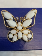 Vintage Goltone Milk glass Stone Butterfly Brooch Pin
