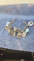 VINTAGE LOADED CHARM BRACELET, MANY SILVER CHARMS, FREE SHIPPING