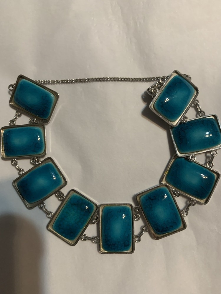 Vintage Teal Blue Stones Silver Tone Chain Bracelet With Safety Chain 7 Inches
